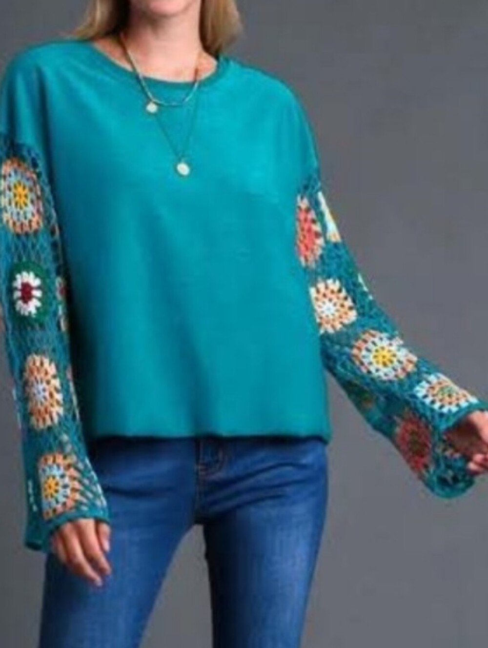 Umgee Teal French Terry Top Crochet Sleeves NWT Size M - Picture 2 of 6